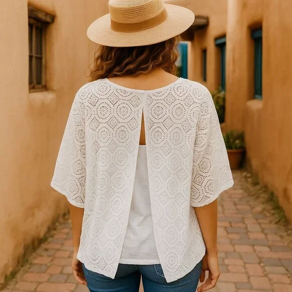Ivy Ridge White Crochet Lace Blouse With Open Back Flutter Sleeves Boho Style LG - Picture 5 of 10